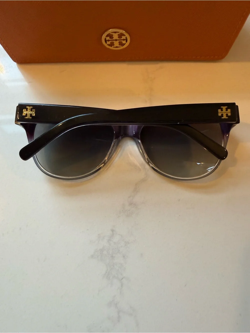 Tory Burch Black Gradient Oversized Sunglasses with Orange Logo Case